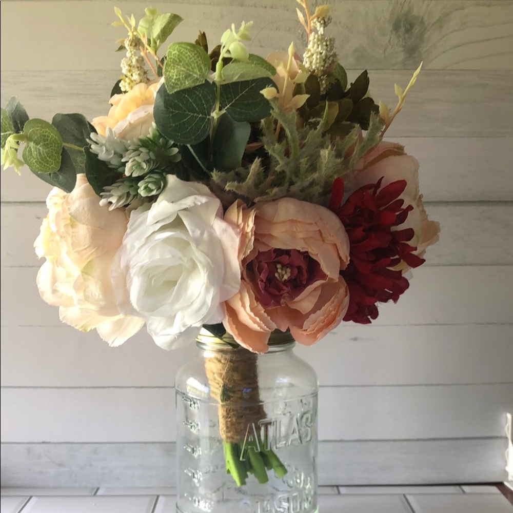 Wedding Bouquet Artificial Peach, White & Red Floral Arrangement